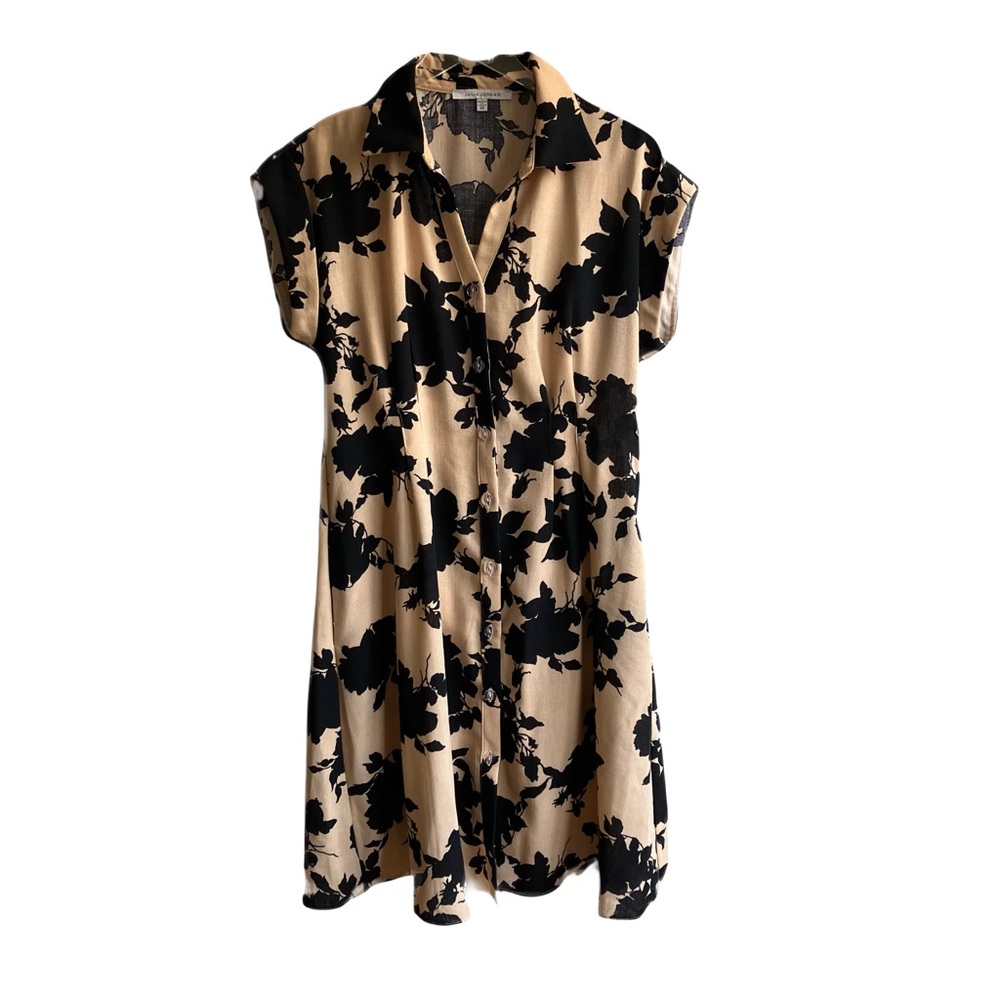 Julia Jordan Spread Collar Button Front Shirt Dress Size 10 Tan Floral Pockets - Picture 9 of 15